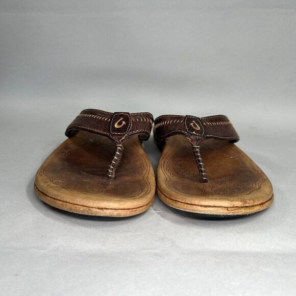 OluKia Men's Size 9 Hiapo Brown Leather Flip Flop Sandals - Picture 2 of 13
